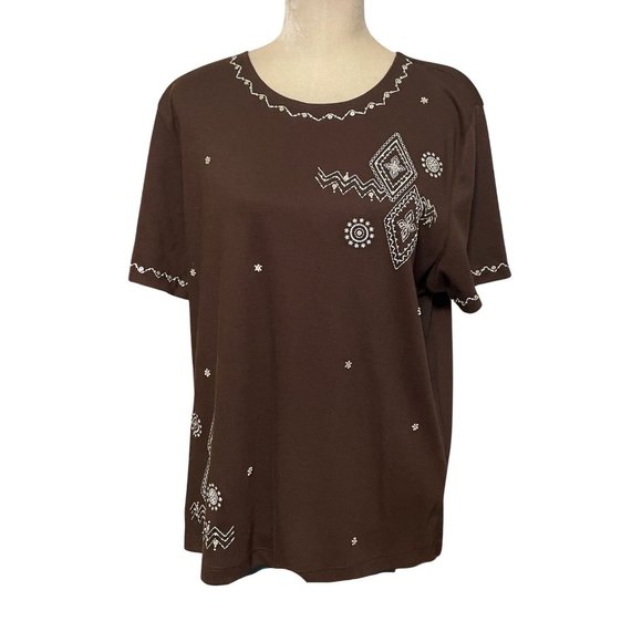 Alfred Dunner Shirt Womens Large Brown Sequin Embellished Crewneck Top Short Sle - Picture 1 of 9